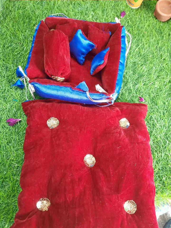 Laddu Gopal Ji Foldable Bed cum Bistar with 5 Pillow Hand Made Poshak Radha Rani Bed