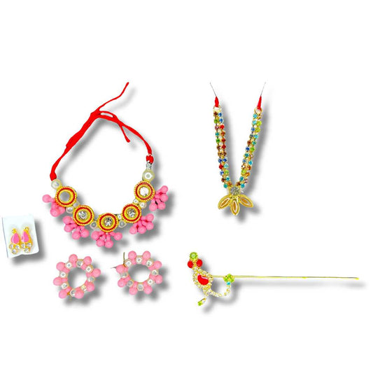 Combo Set of 5 Items Radha Rani & Gopal Ji for Size- 4/5/6/7 | (2 mala, 1 Ear topes, 1 Pair kangan, 1 bansuri) Jarkan