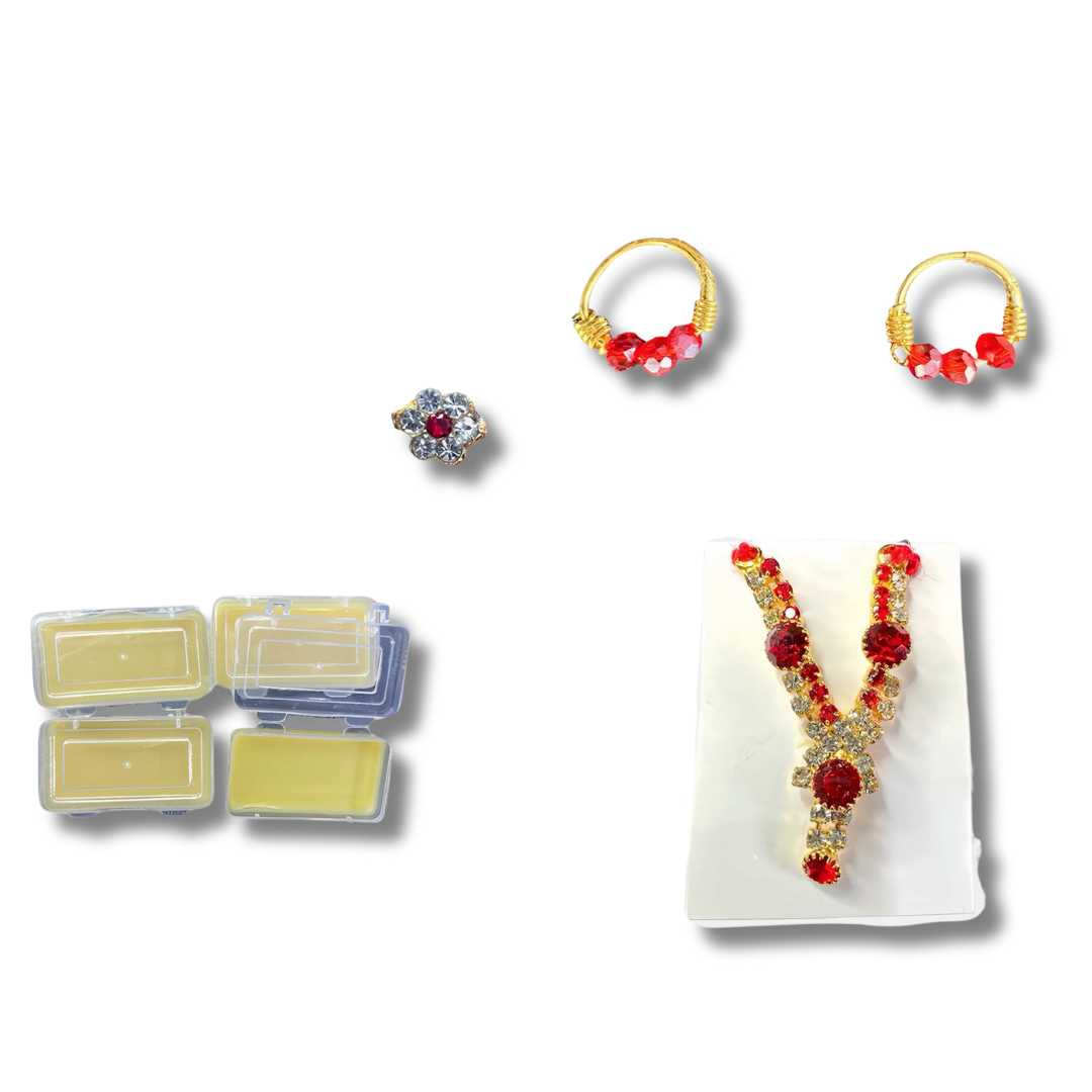 Combo Set of 4 Items Radha Rani & Gopal Ji for Size- 0/1/2/3 | 1 Mala,1 Bindi/Tilak,1 Kundal, 1 Bindi Wax Jarkan