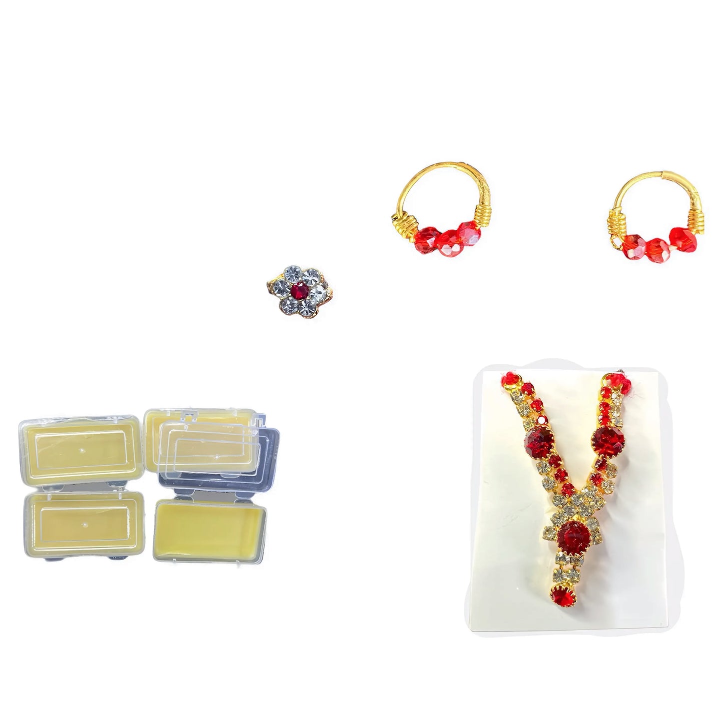 Combo Set of 4 Items Radha Rani & Gopal Ji for Size- 0/1/2/3 | 1 Mala,1 Bindi/Tilak,1 Kundal, 1 Bindi Wax Jarkan