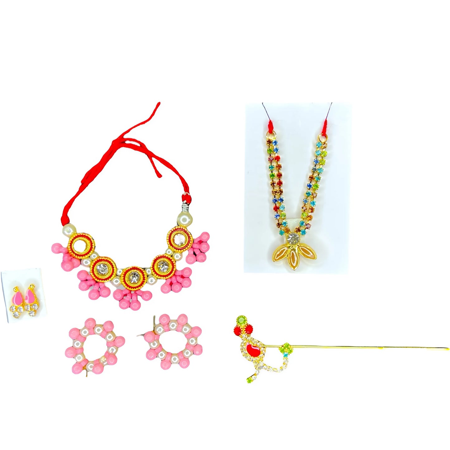 Combo Set of 5 Items Radha Rani & Gopal Ji for Size- 4/5/6/7 | (2 mala, 1 Ear topes, 1 Pair kangan, 1 bansuri) Jarkan